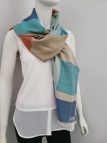 AXELLE FOULARD D'ÉTÉ TURQUOISE/ORANGE BRÛLÉ/TAN AVEC FRANGES