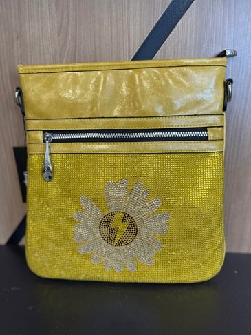 MANOCCHIO SAC À BANDOULIÈRE JAUNE AVEC FLEUR BRILLANTE