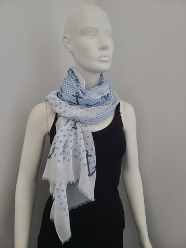 AXELLE FOULARD D'ÉTÉ BLANC À POIS BLEUS AVEC ANCRES MARINES