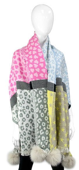 MITCHIES FOULARD MOTIFS DE COEURS ETOILES LEOPARD POMPOM