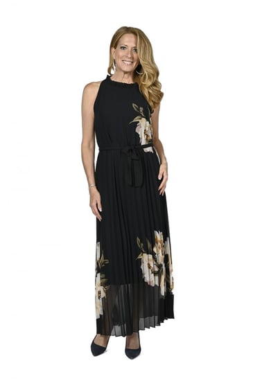 FRANK LYMAN ROBE SANS MANCHE PLISSE COL MONTANT FLEUR BEIGE