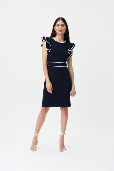 JOSEPH RIBKOFF ROBE MANCHE COURTE BOUFFANTE MARINE DETAIL BLANC