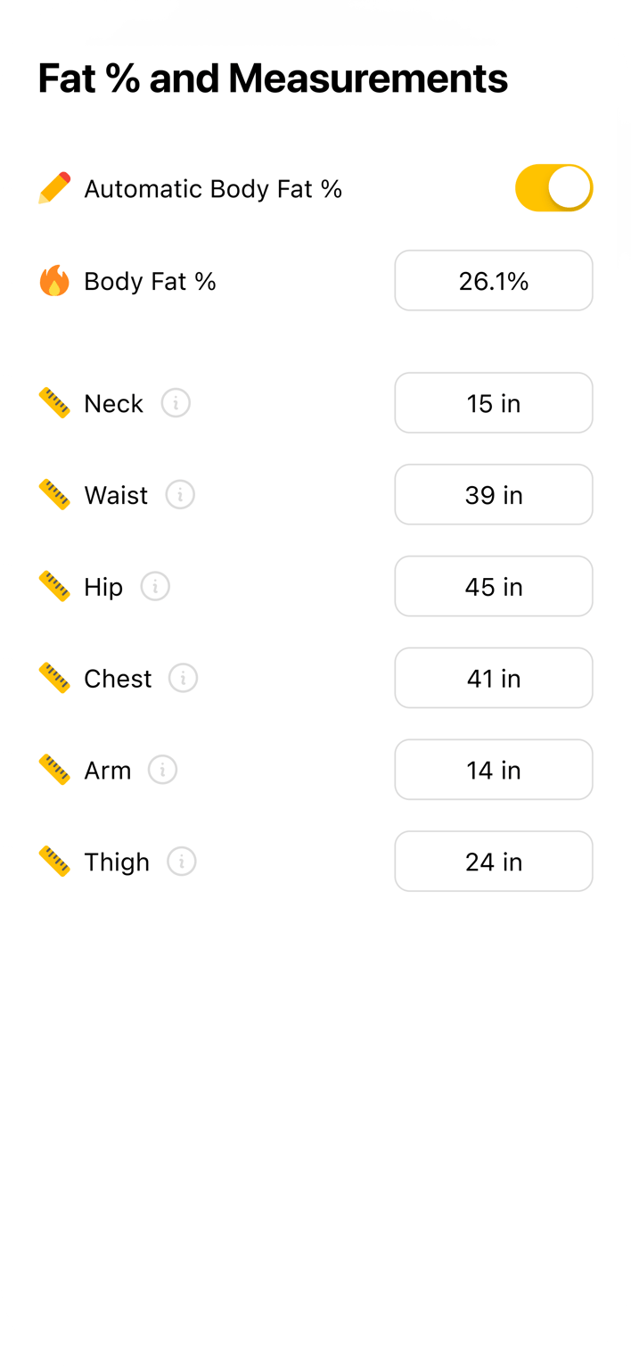 Body fat calculator and measurement tracker.