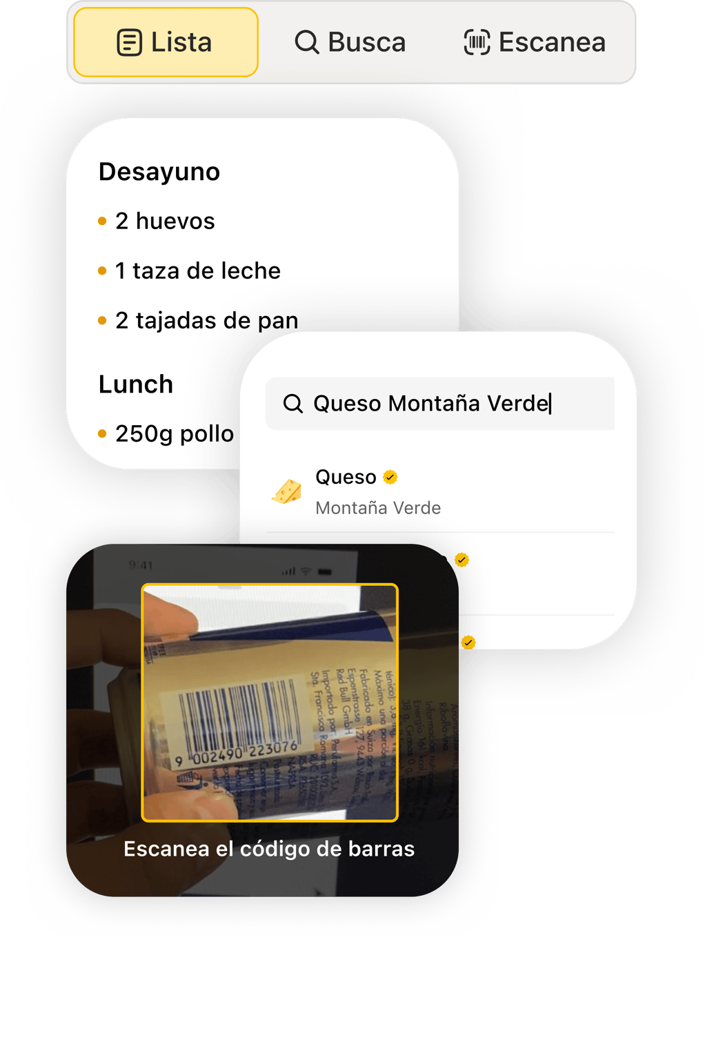 Pantalla de registro de alimentos con tres opciones: detección automática, búsqueda y escaneo de código de barras.