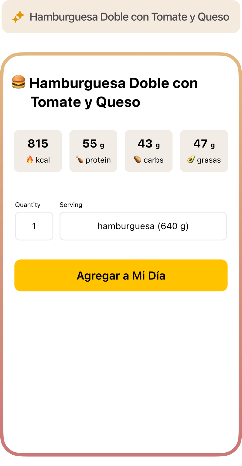 Ficha de hamburguesa generada por IA con macros precisos, lista para agregar al día.