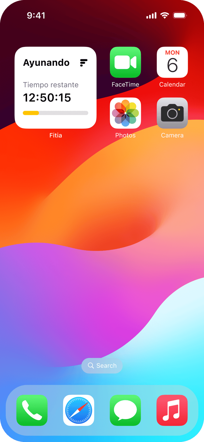 Pantalla de inicio de celular con un widget de ayuno que muestra el tiempo restante.