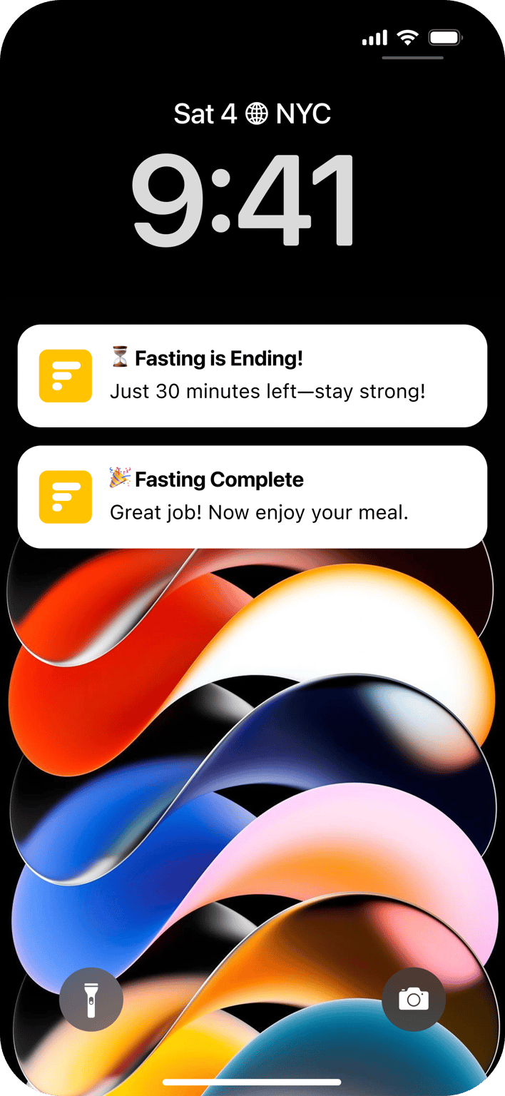 Smartphone lock screen showing fasting progress notifications.