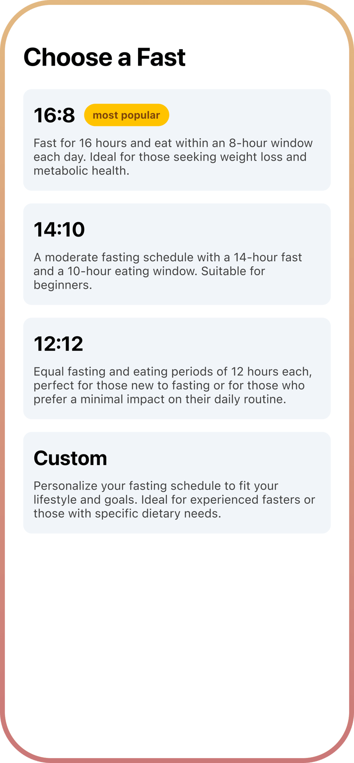 Fasting ratios selection screen with 16:8, 14:10, 12:12 and custom options.