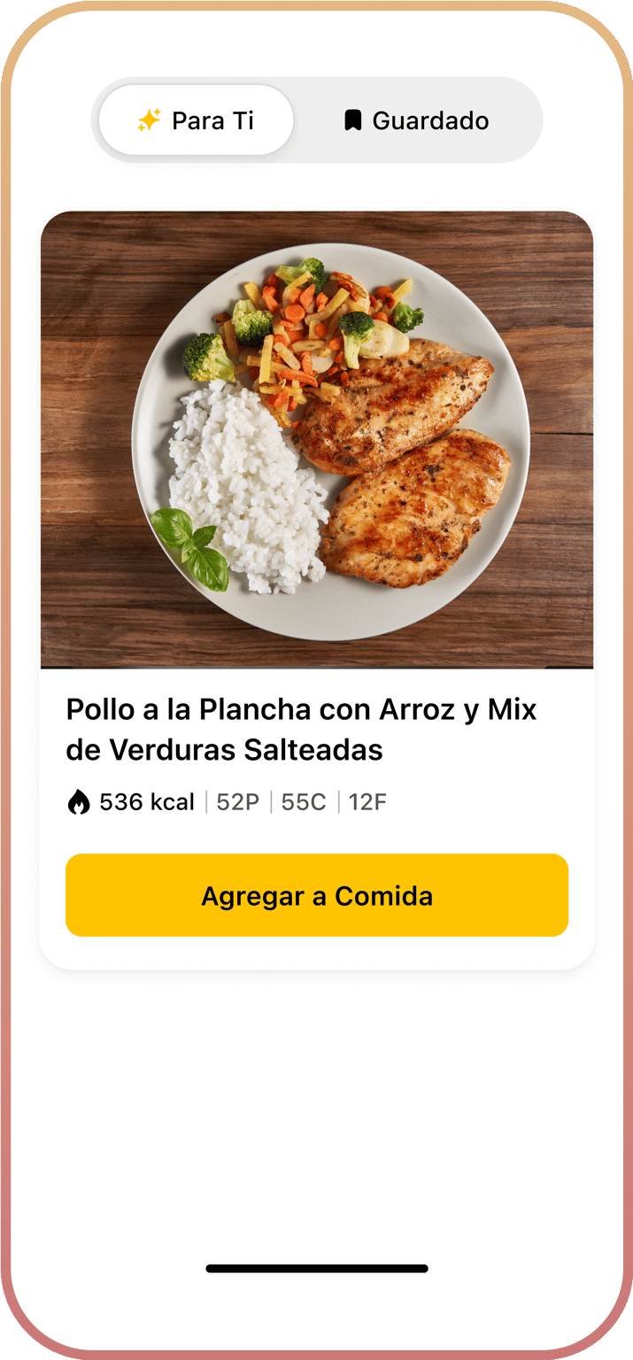 Tarjeta de recomendación de receta con una imagen, macros y un botón de “Agregar a Comida”.