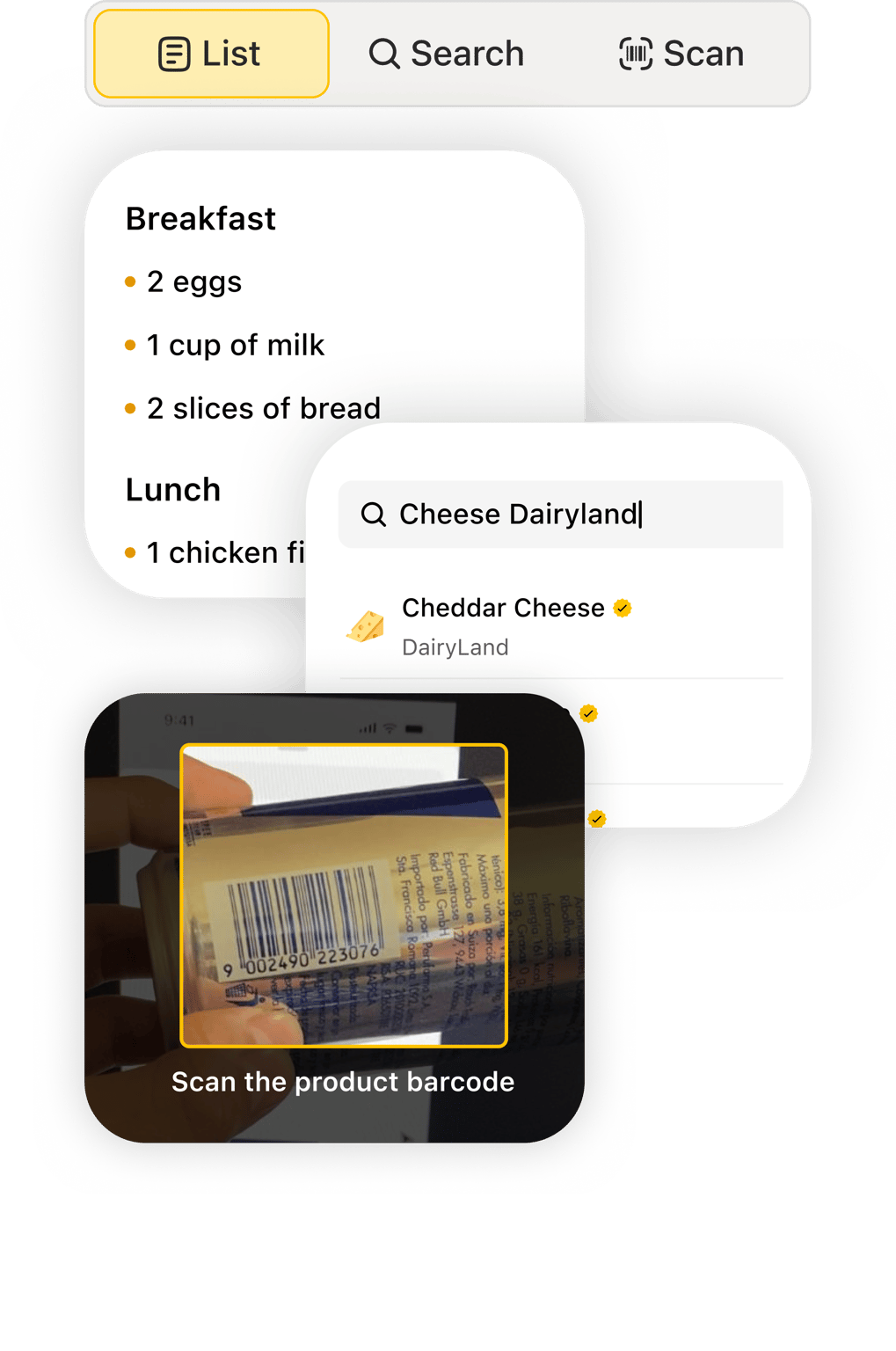 Food logging screen with three options: auto-detect, search, and barcode scanning.