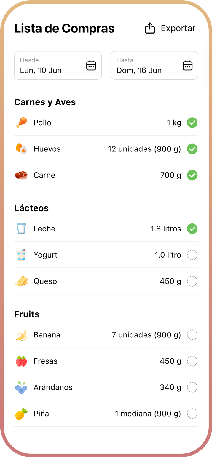 Lista de compras automática con alimentos organizados por categoría.