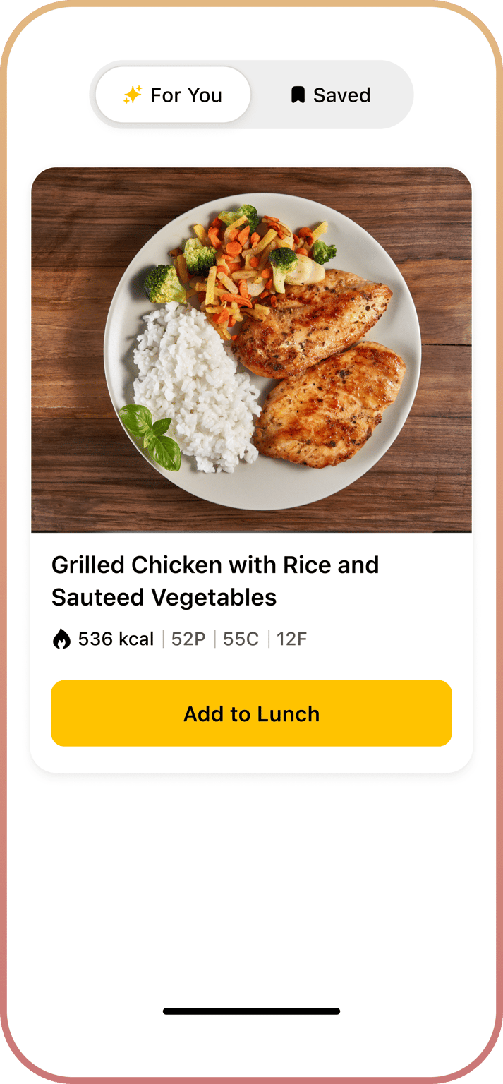 Recipe suggestion card with an image, macros and an “Add to Meal” button.
