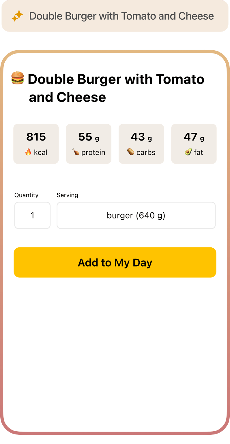 AI-generated burger entry with precise macros, ready to add to your day.