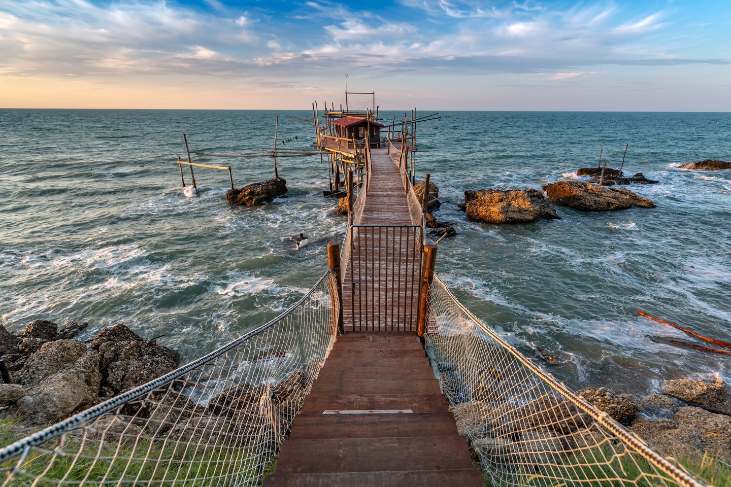 Trabocco Turchino at sunset in Costa dei Trabocchi, Italy.