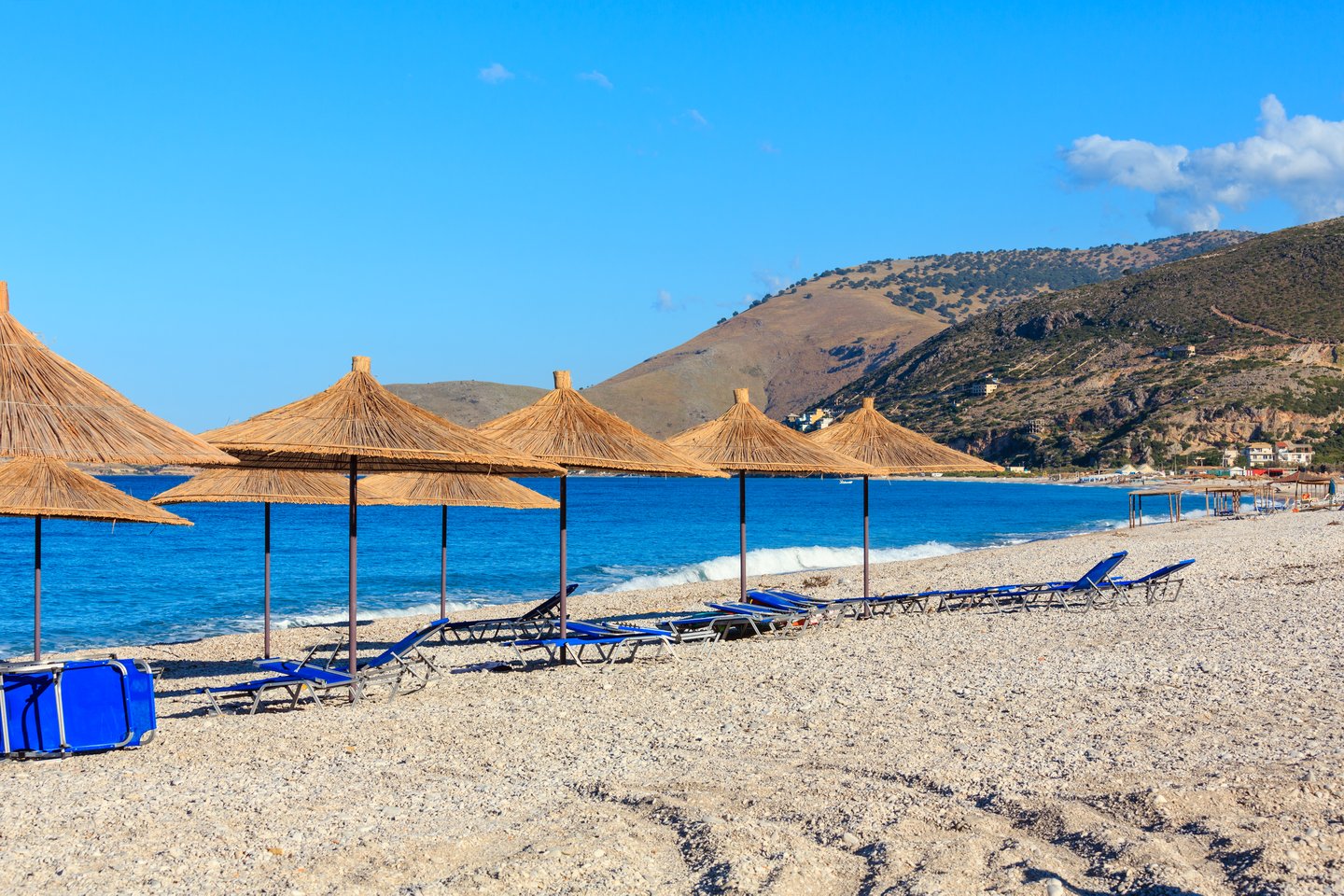 Umbrellas on Borsh Beach on a sunny morning