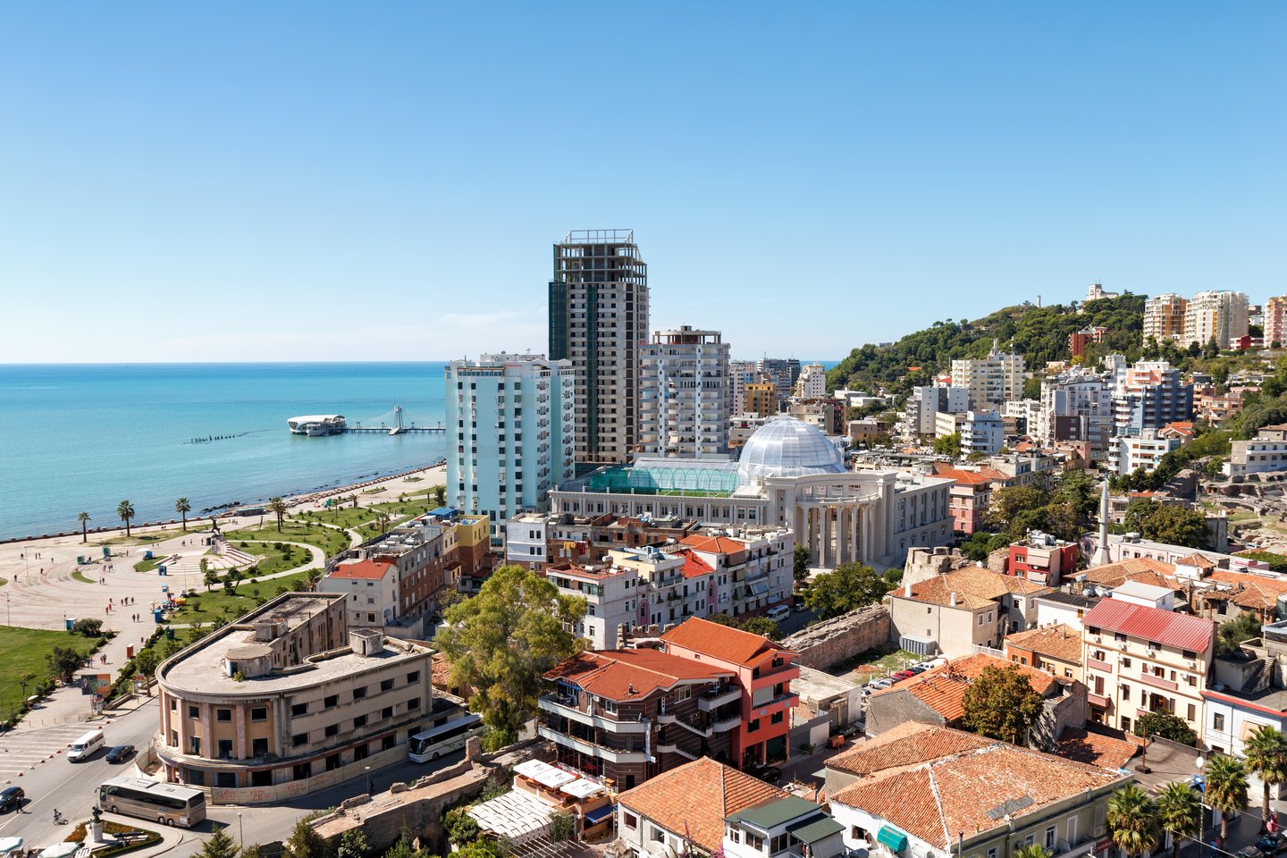 Looking down on Durres city and waterfront on a sunny day.