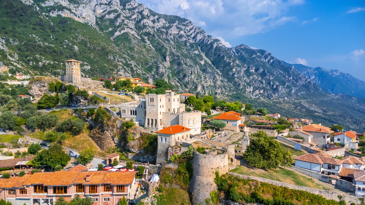 Aerial view of Krujë Castle overlooking the town in Albania