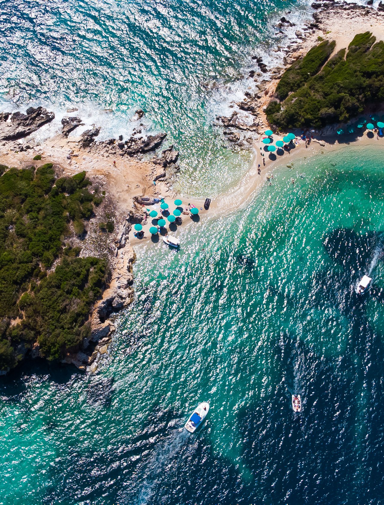 Beautiful aerial view of islands and sea in Ksamil, Albanian Riviera
