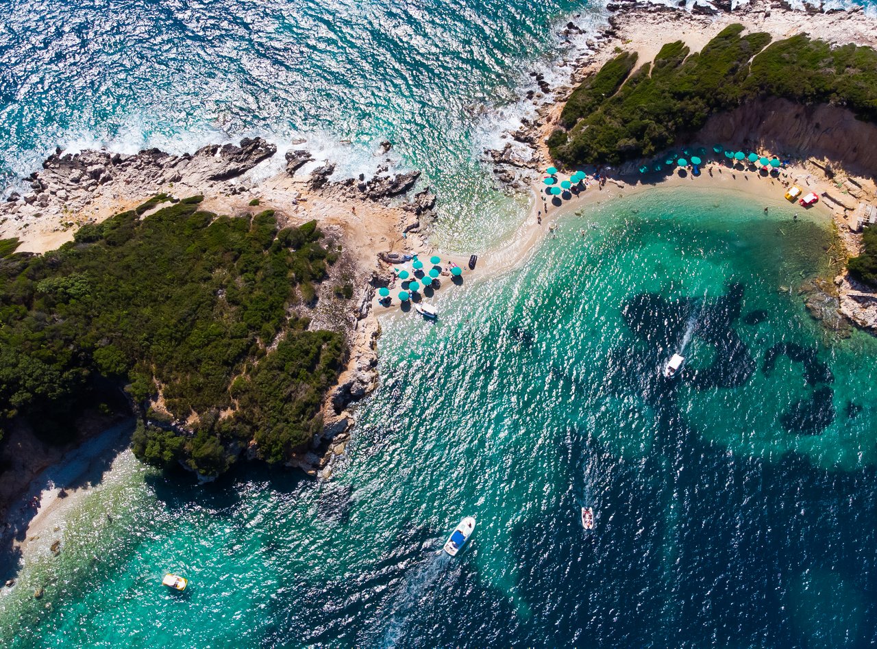 Beautiful aerial view of islands and sea in Ksamil, Albanian Riviera
