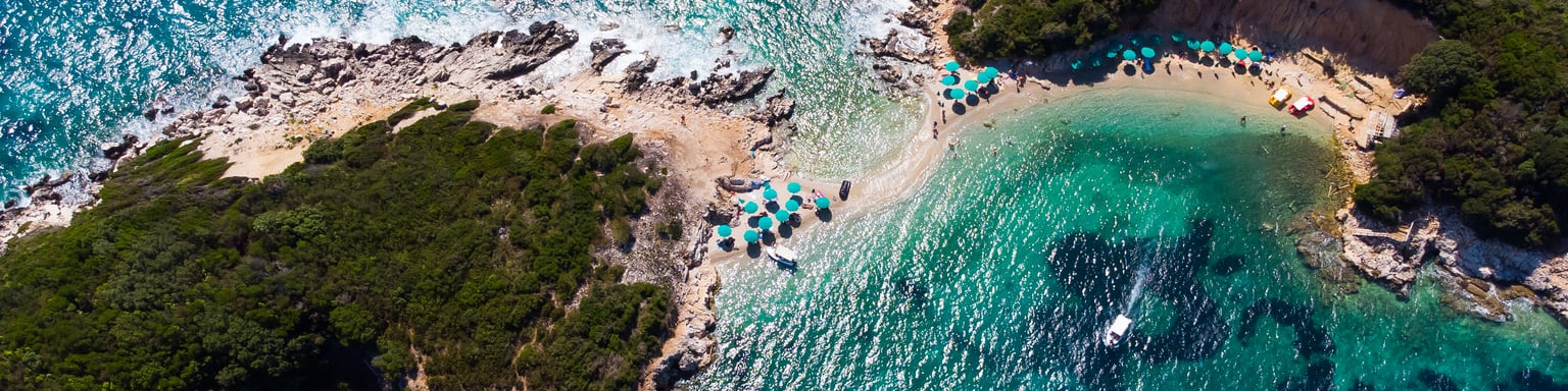 Beautiful aerial view of islands and sea in Ksamil, Albanian Riviera