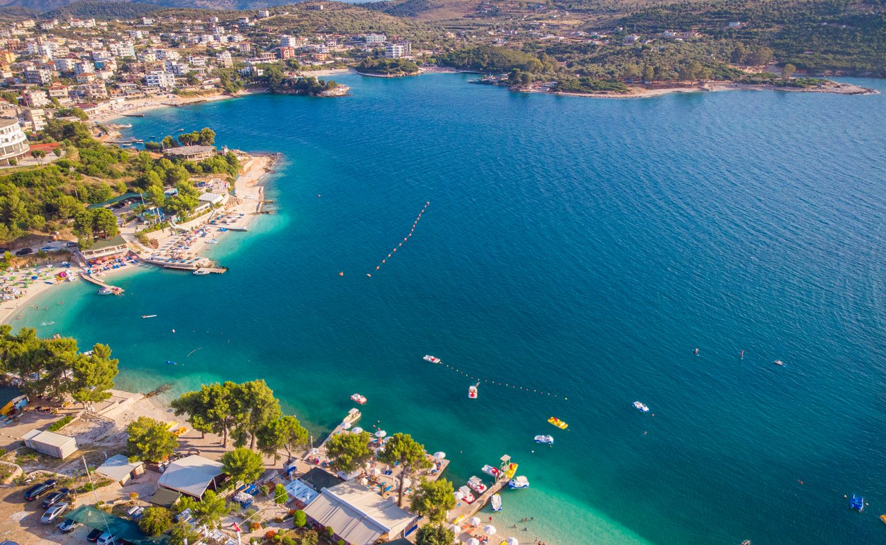 An aerial view of the stunning Ksamil coastline