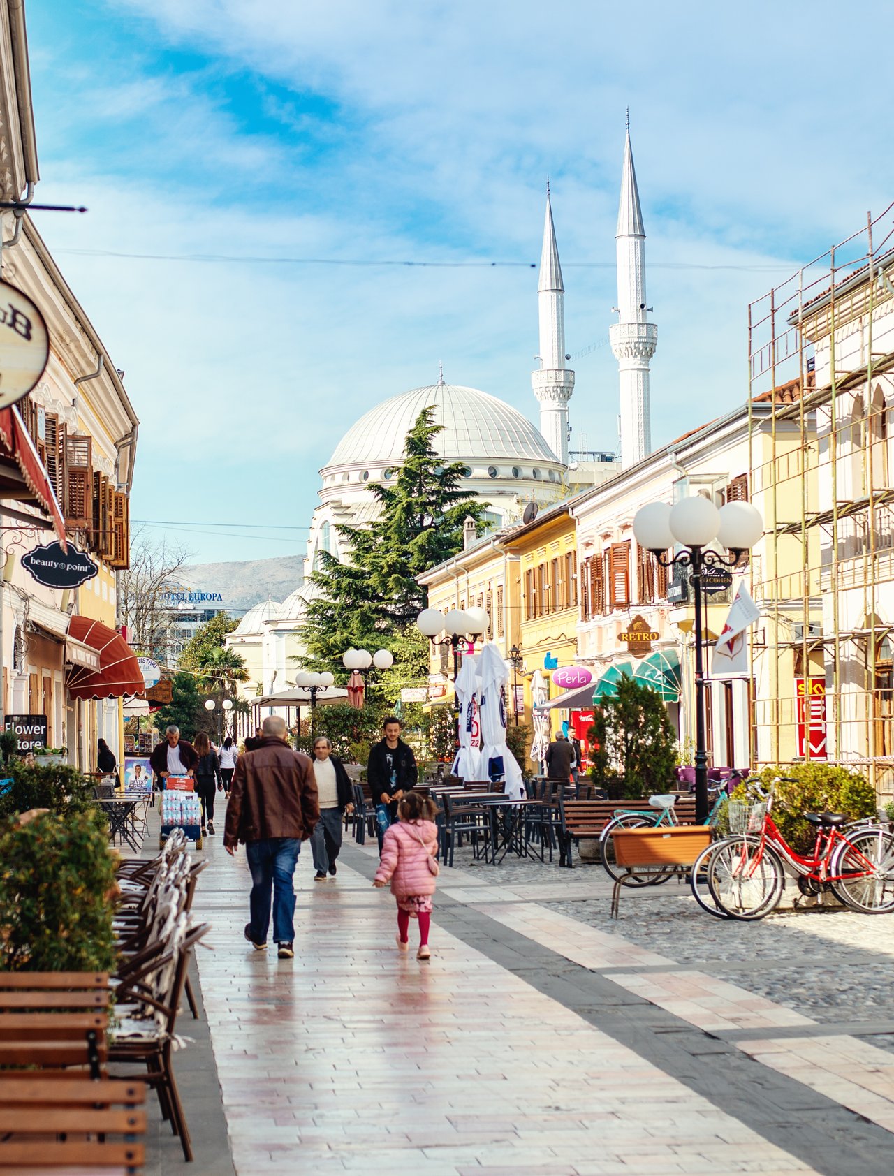 People walking in downtown Shkoder, a city in north of Albania