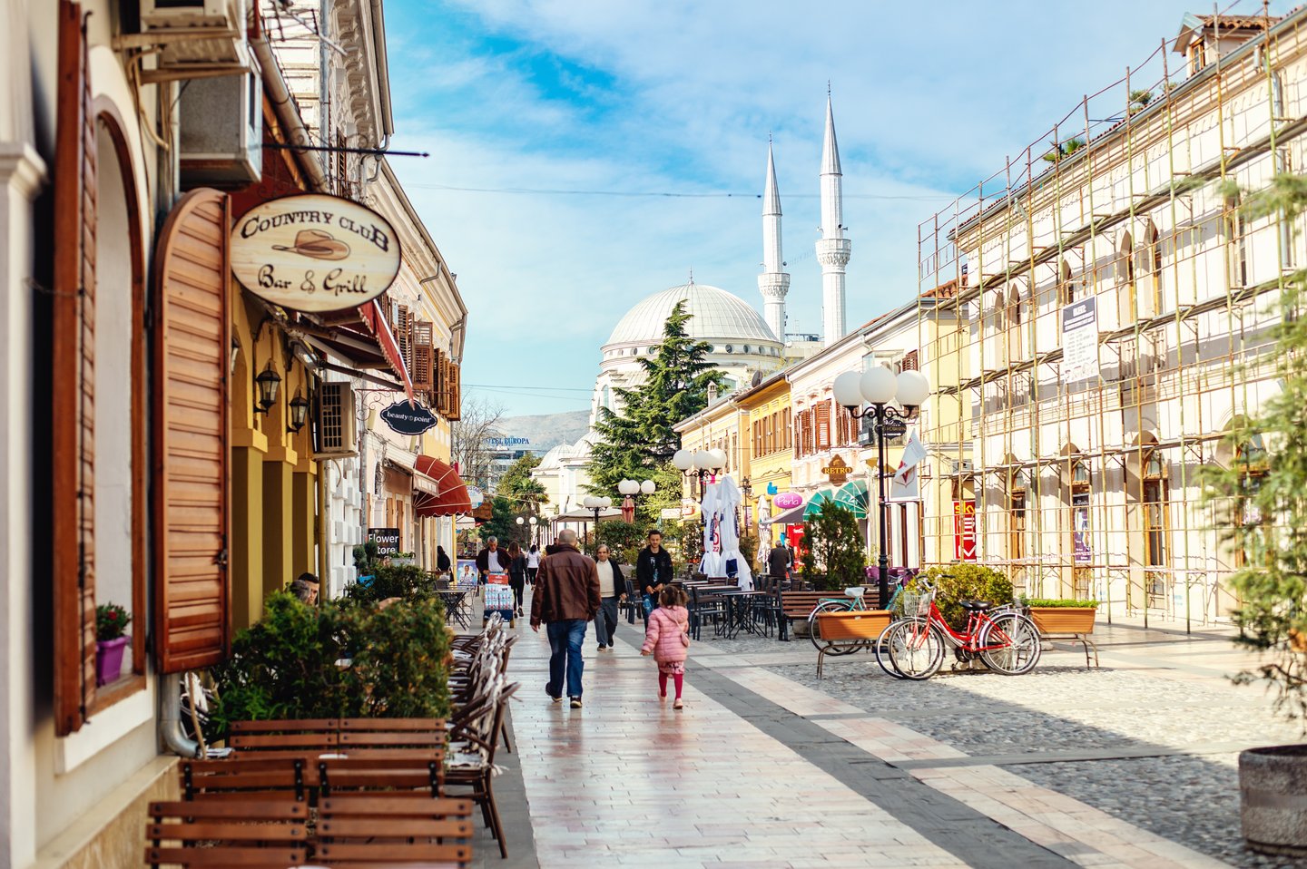 People walking in downtown Shkoder, a city in north of Albania