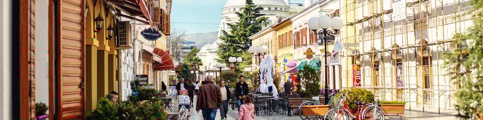 People walking in downtown Shkoder, a city in north of Albania