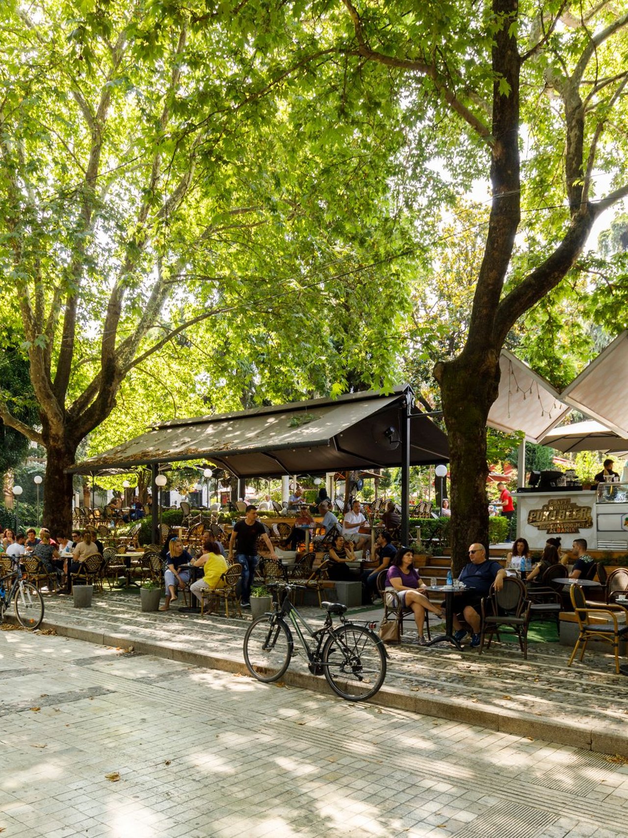 People sitting under trees at an outdoor cafe in Tirana, Albania