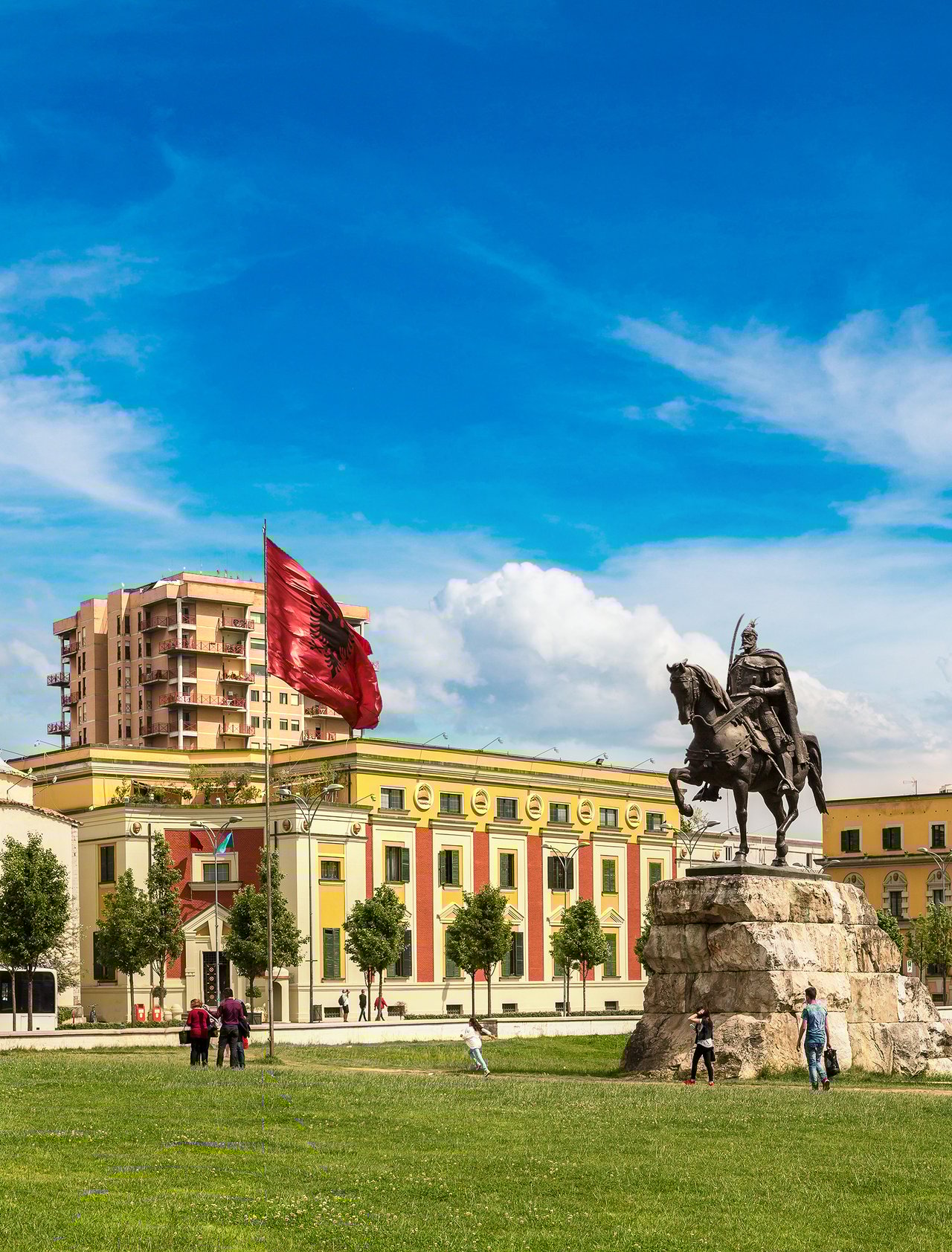Skanderbeg Square and monument in Tirana in a beautiful summer day.