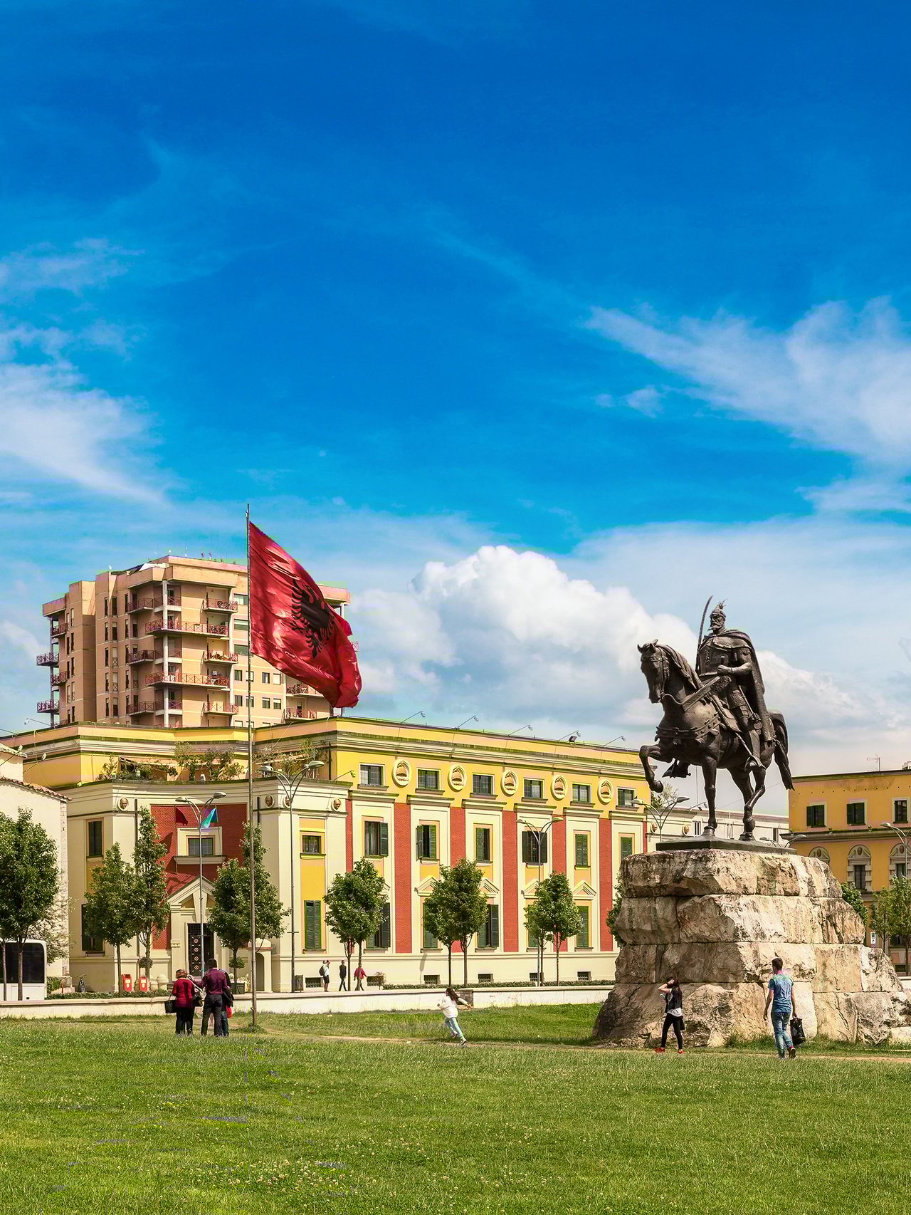 Skanderbeg Square and monument in Tirana in a beautiful summer day.