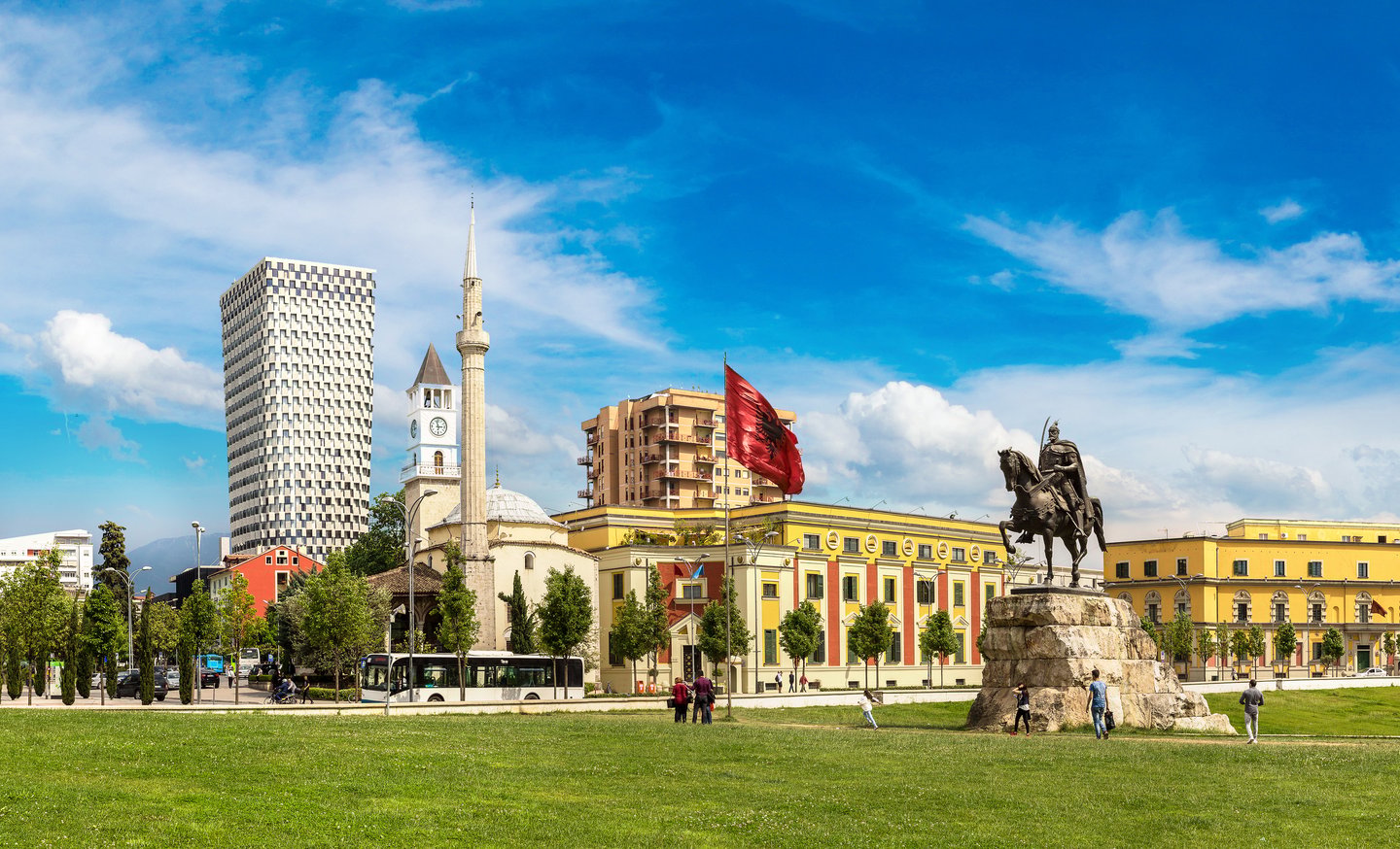 Skanderbeg Square and monument in Tirana in a beautiful summer day.
