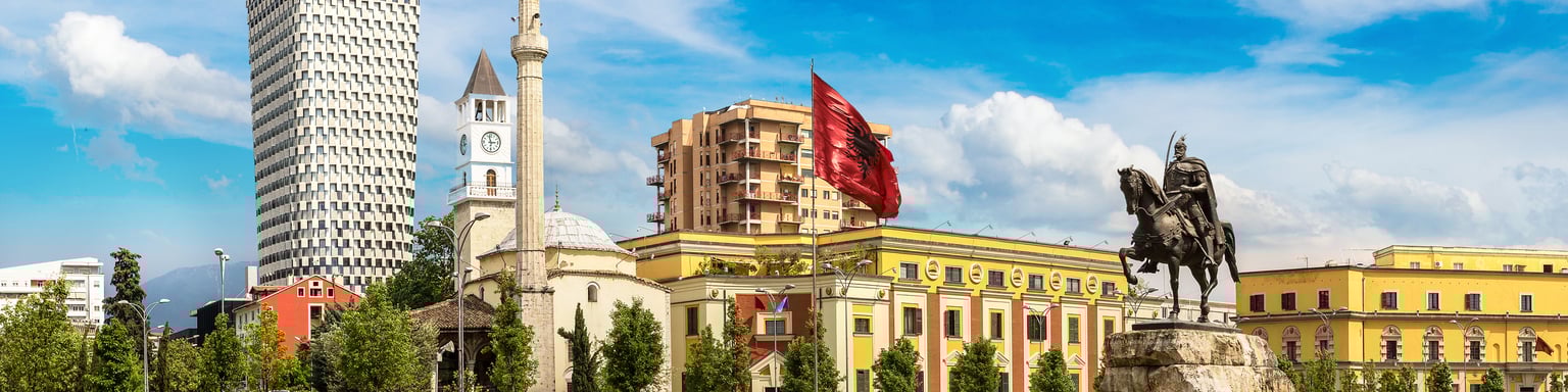 Skanderbeg Square and monument in Tirana in a beautiful summer day.