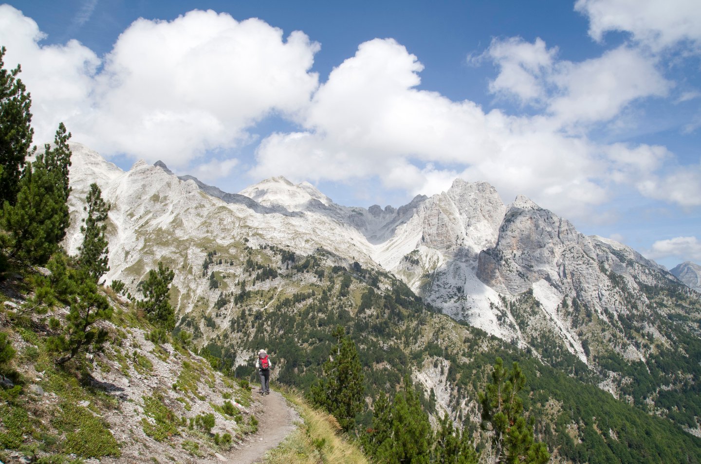 View of summit Jezerca in Albanian Alps from Valbona Pass during