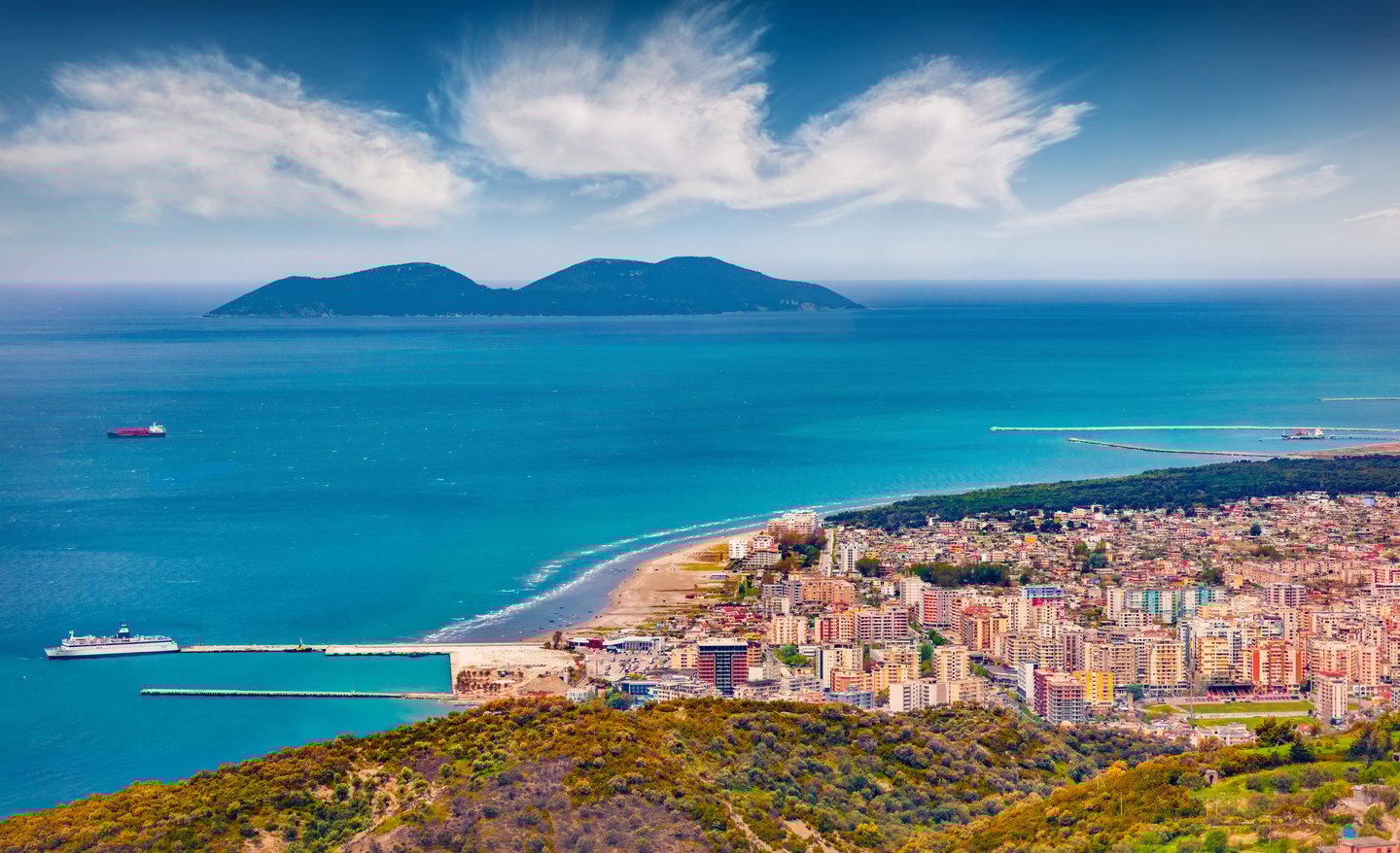 View of Vlore city in spring from the Kanines Fortress.