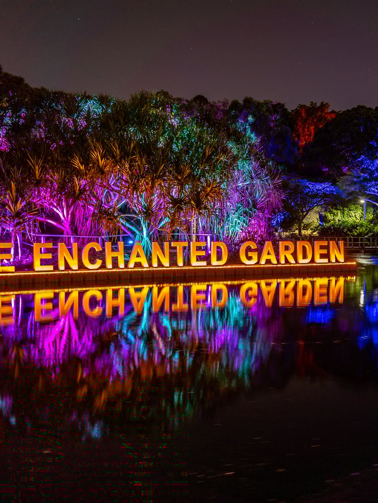 Lights in the lake at Roma Street Parkland for Brisbane's Enchanted Garden event