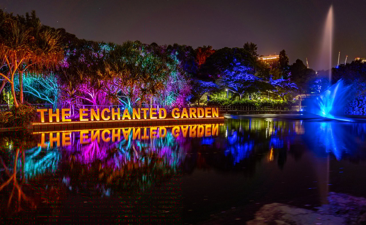 Lights in the lake at Roma Street Parkland for Brisbane's Enchanted Garden event