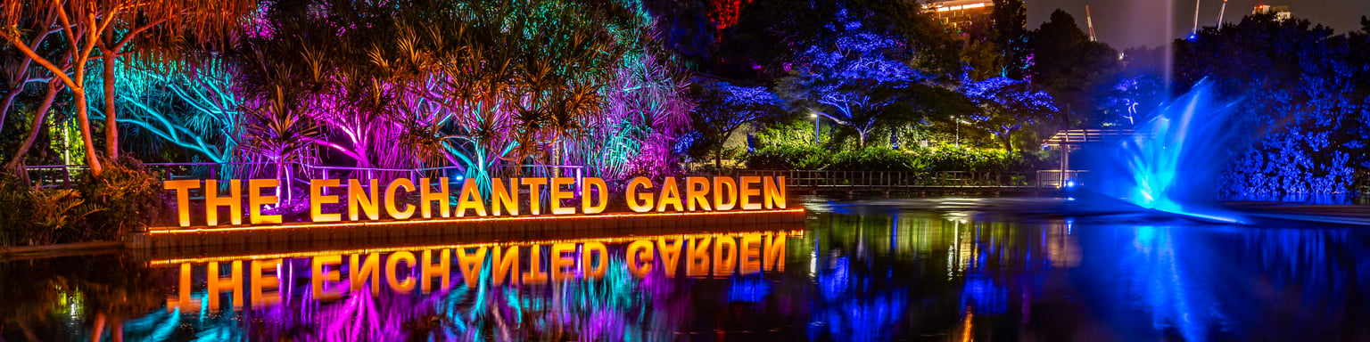 Lights in the lake at Roma Street Parkland for Brisbane's Enchanted Garden event