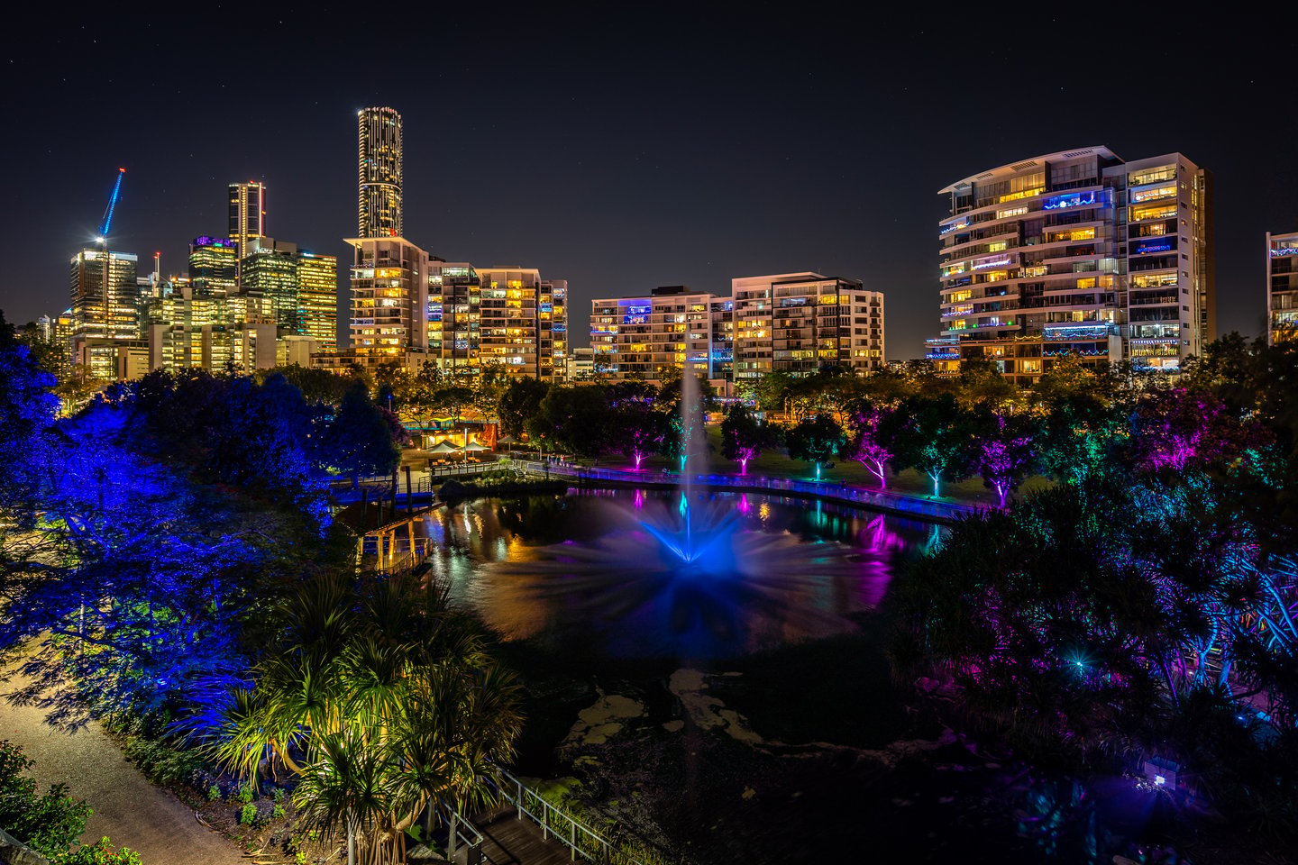 The Enchanted Garden event in Brisbane with the city in the background.