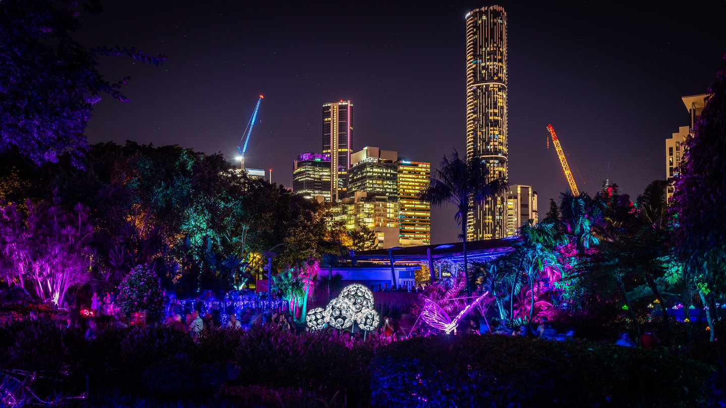 Lights from the Enchanted Garden event with Brisbane CBD in the background