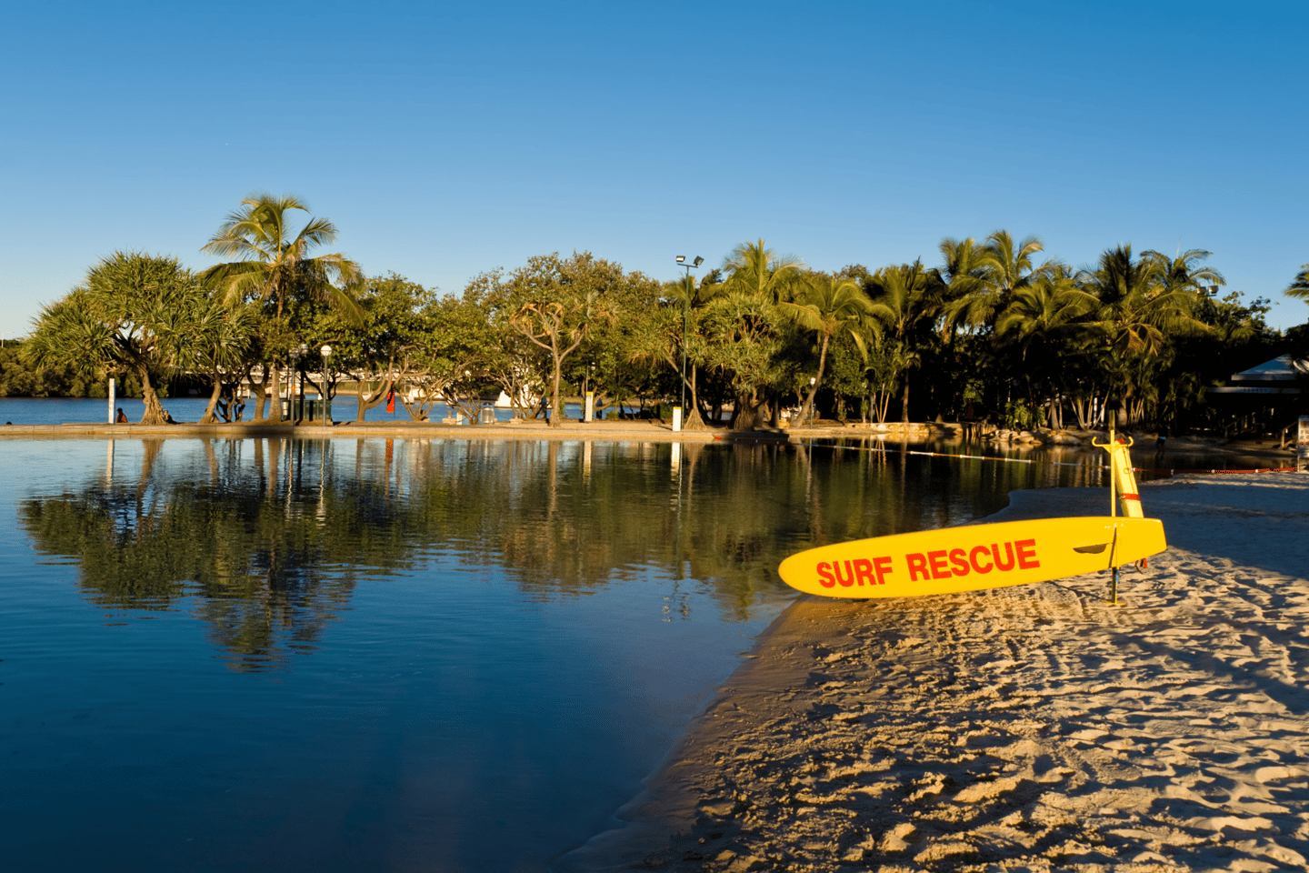 Southbank Parklands Beach Brisbane on a winters afternoon with Rescue board