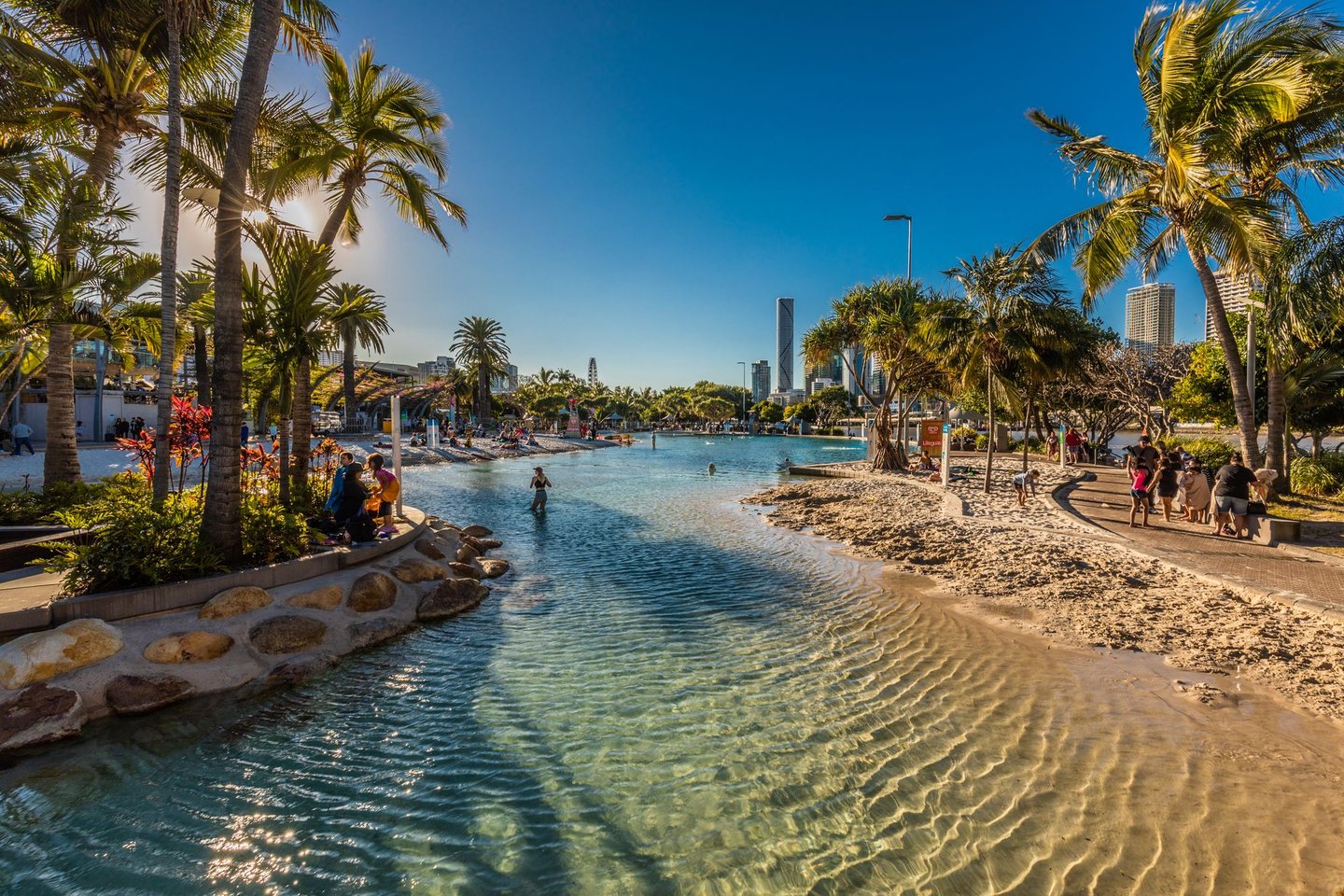 The manmade beach at South Bank Parklands in Brisbane, Australia.