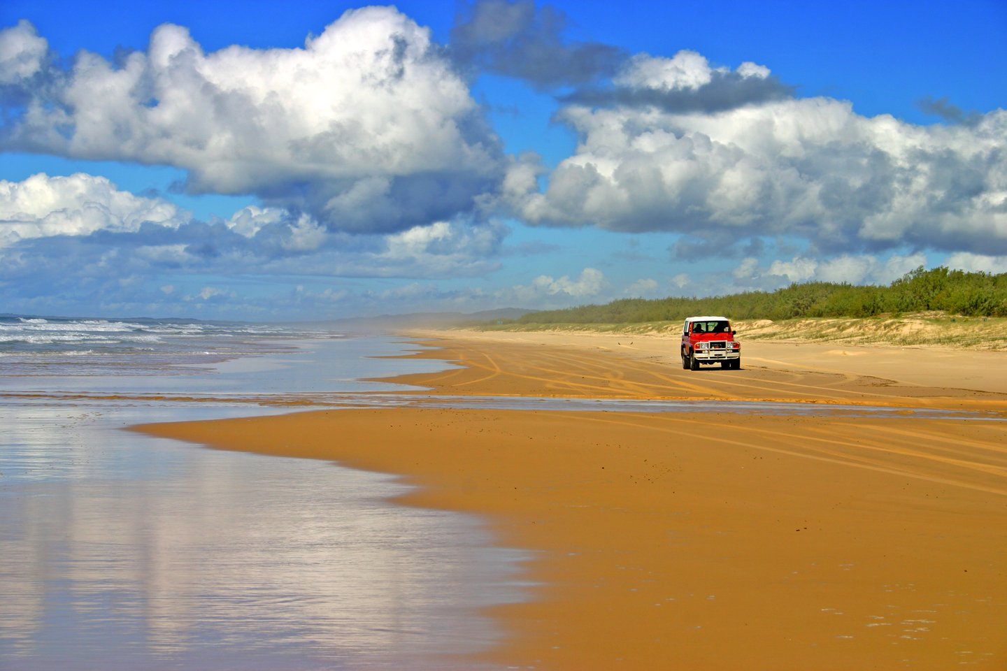 A 4WD driving on a beach on K'gari, Australia