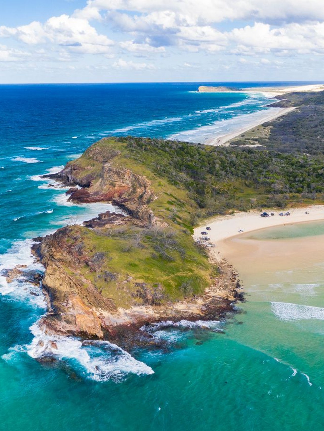 An aerial view of Waddy Point on K'gari, Queensland
