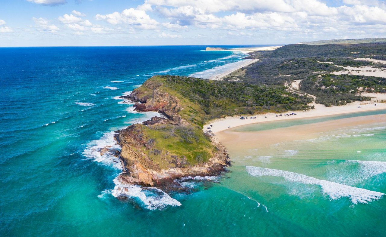 An aerial view of Waddy Point on K'gari, Queensland