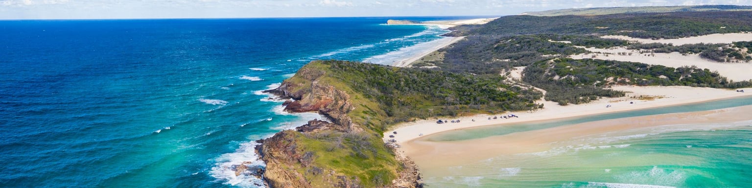 An aerial view of Waddy Point on K'gari, Queensland