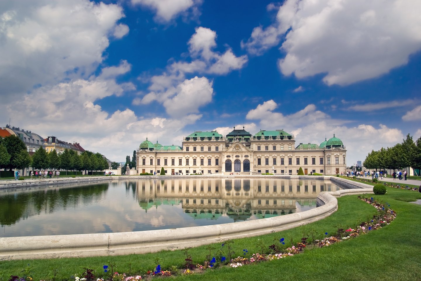 Belvedere Palace reflected in a pool in Vienna, Austria