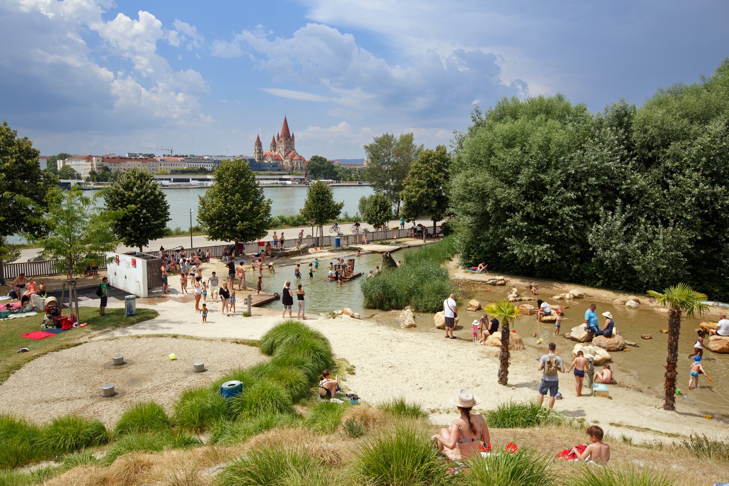 Donauinsel water playground for children on the Danube island in Vienna, Austria.