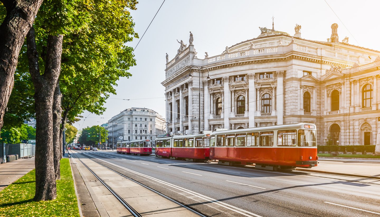 A tram outside the opera house in Vienna