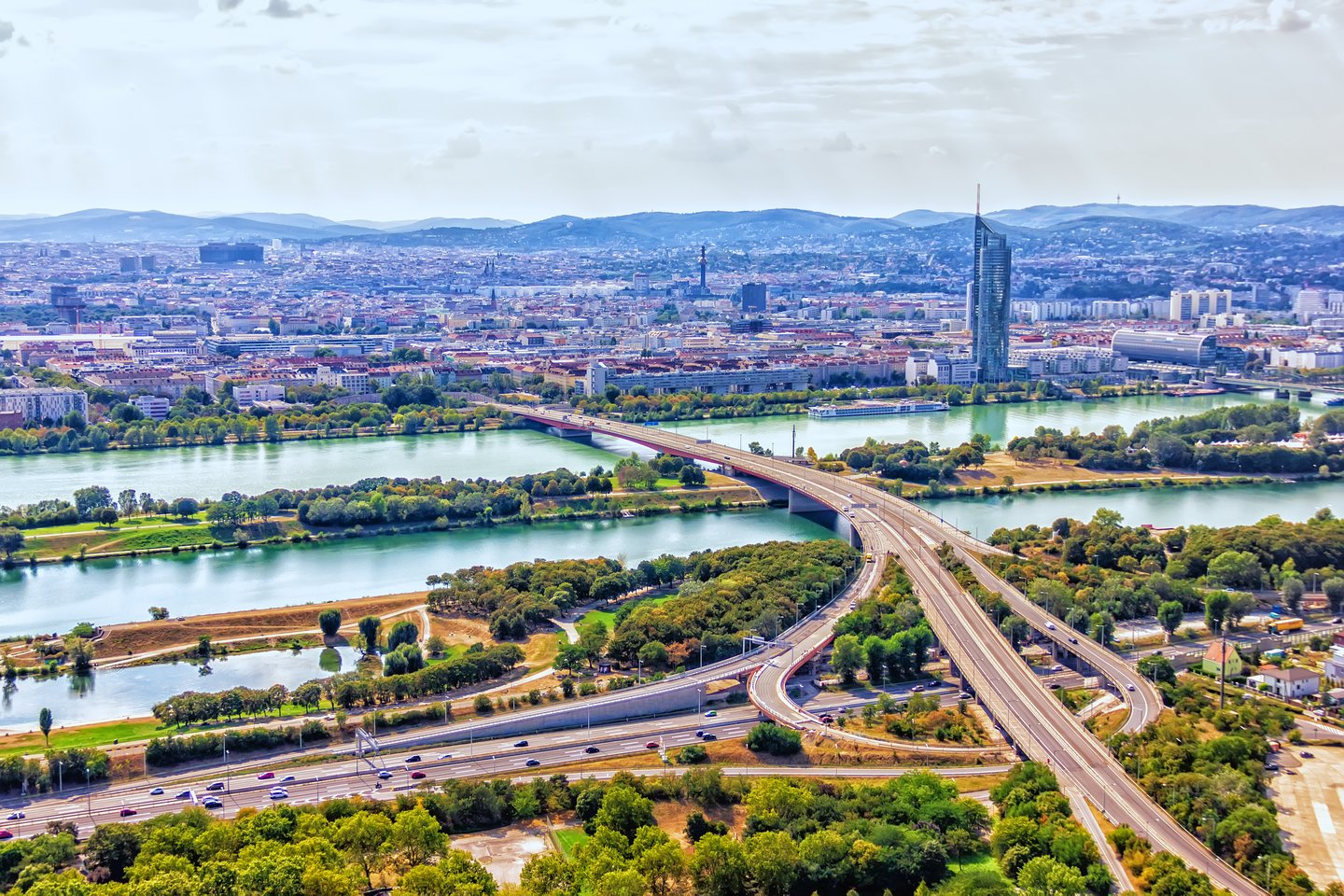 Skyline of Vienna and the Danube from above